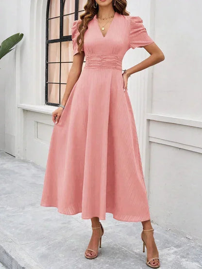 Women's Midi Dress V-Neck Puff Sleeves