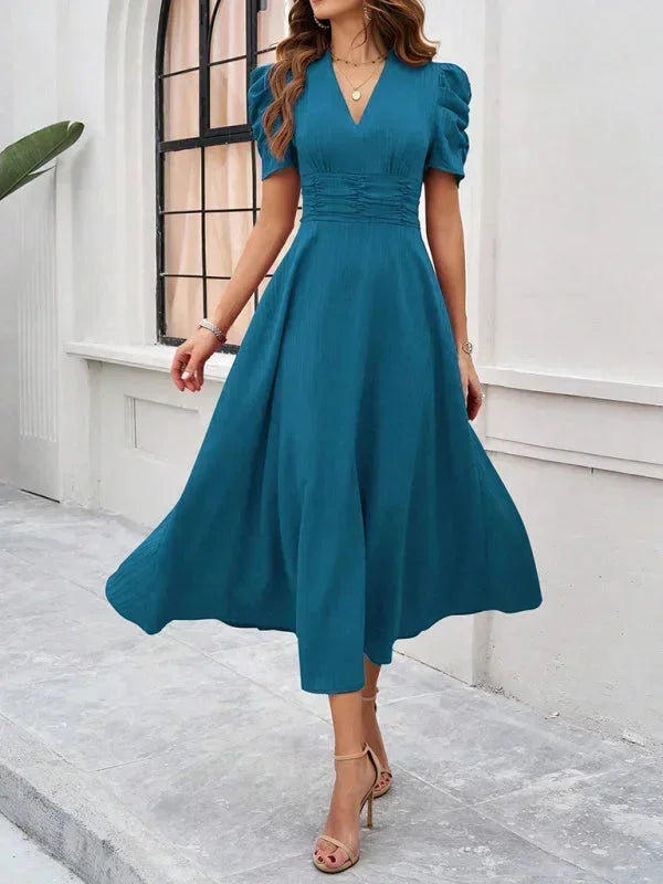 Women's Midi Dress V-Neck Puff Sleeves