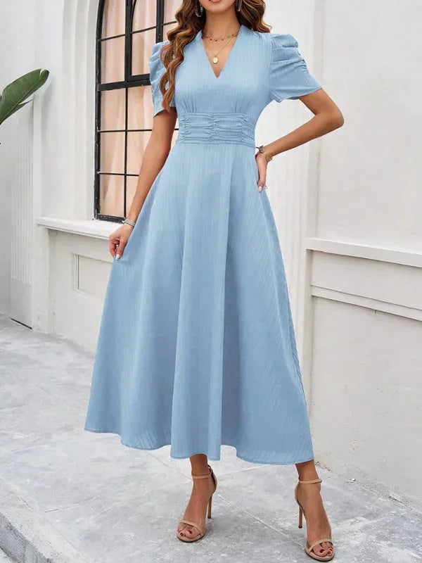 Women's Midi Dress V-Neck Puff Sleeves