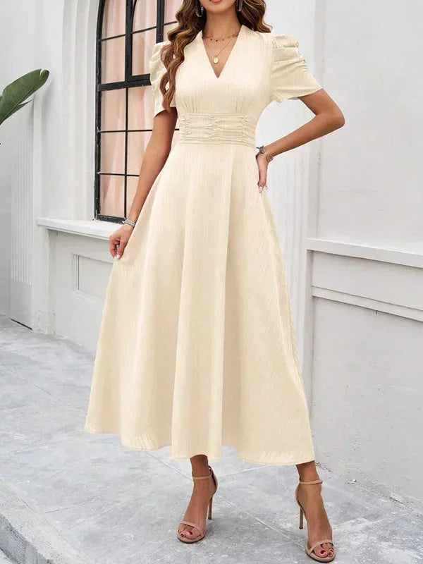 Women's Midi Dress V-Neck Puff Sleeves