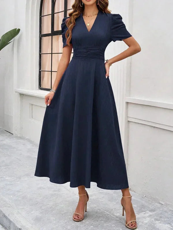 Women's Midi Dress V-Neck Puff Sleeves