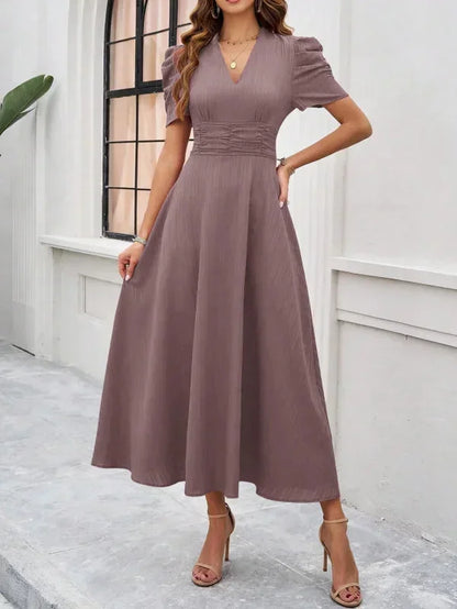 Women's Midi Dress V-Neck Puff Sleeves