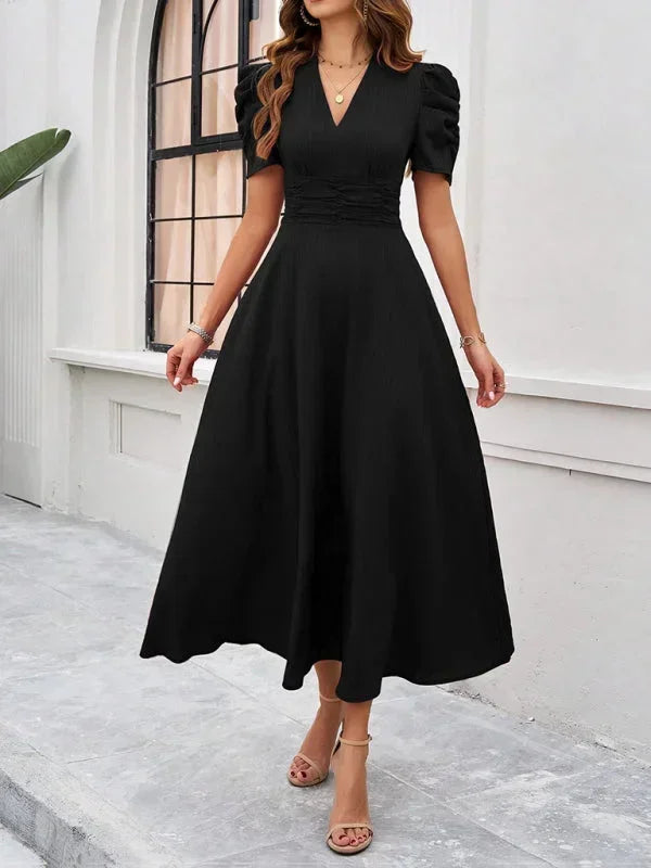 Women's Midi Dress V-Neck Puff Sleeves