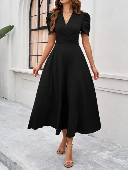 Women's Midi Dress V-Neck Puff Sleeves