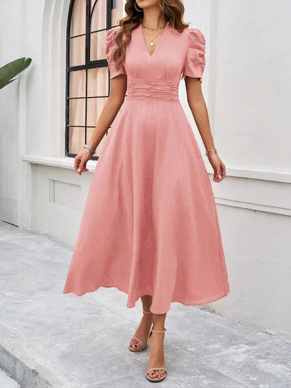 Women's Midi Dress V-Neck Puff Sleeves