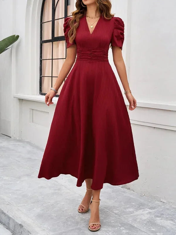 Women's Midi Dress V-Neck Puff Sleeves - VibreMode