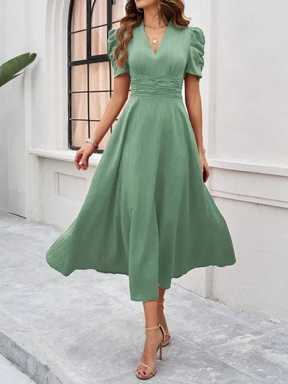 Women's Midi Dress V-Neck Puff Sleeves