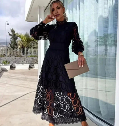Women's Lace Midi Dress Long-Sleeve - VibreMode
