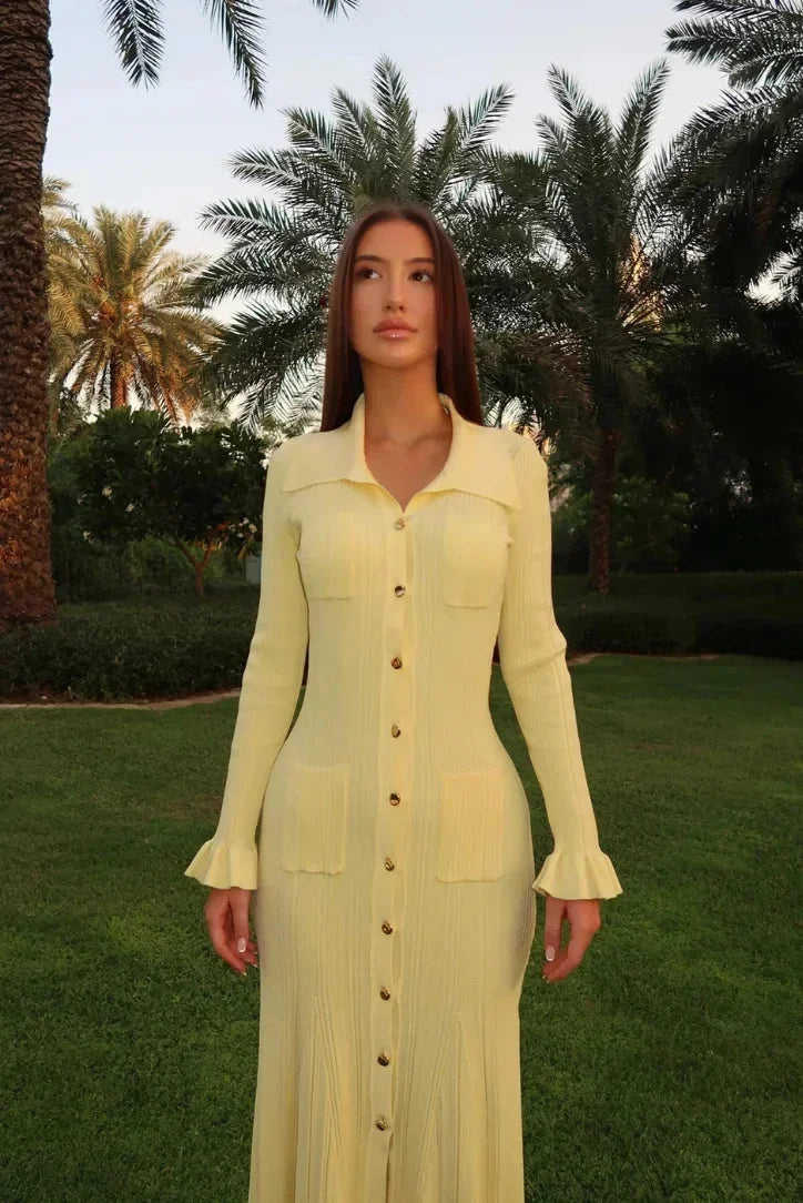 Women's Midi Dress Long Sleeves Button Front - VibreMode