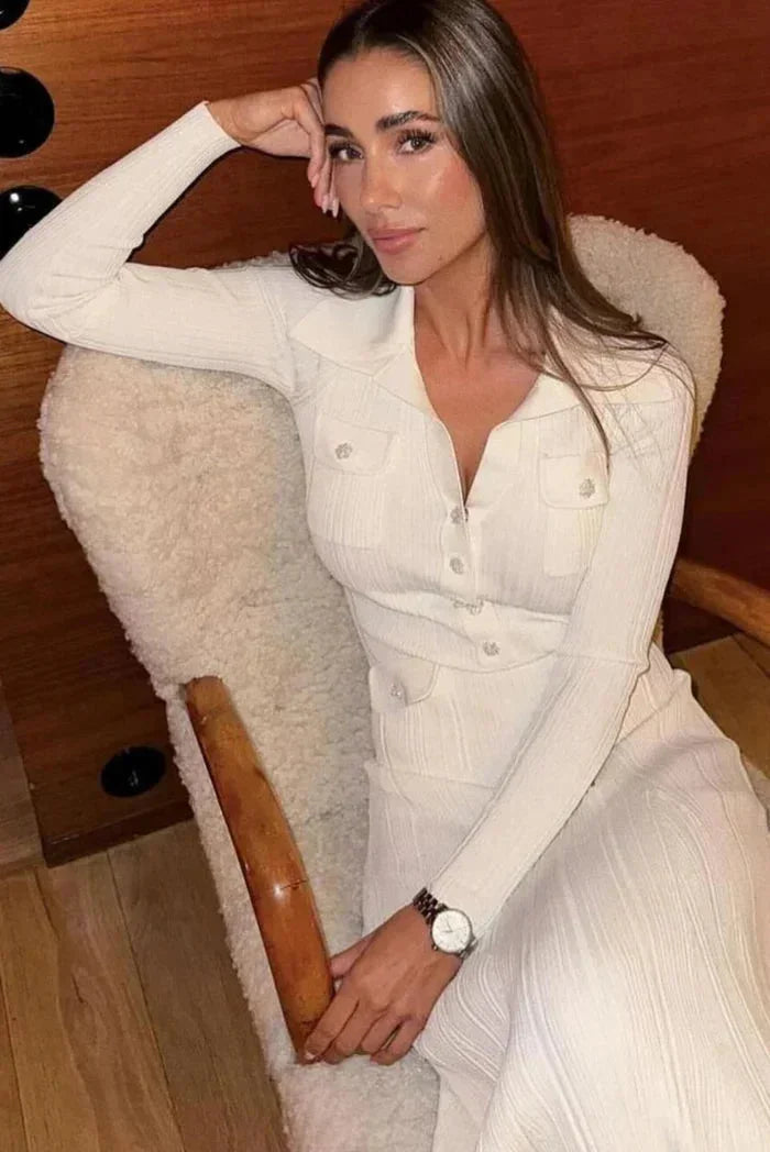 Women's Midi Dress Long Sleeves Button Front