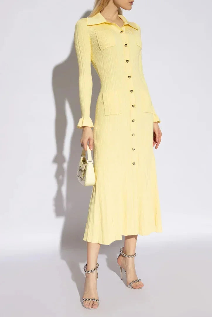 Women's Midi Dress Long Sleeves Button Front