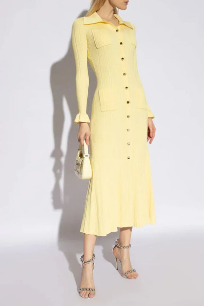 Women's Midi Dress Long Sleeves Button Front