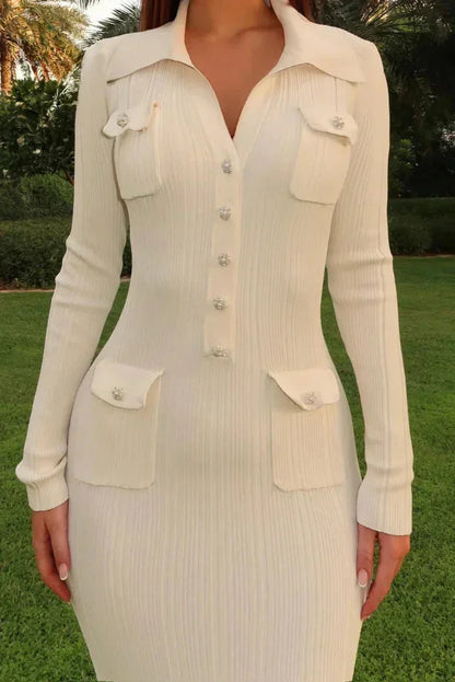 Women's Midi Dress Long Sleeves Button Front