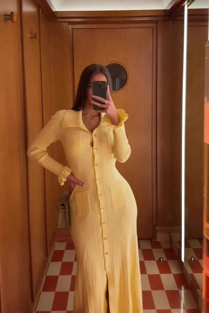 Women's Midi Dress Long Sleeves Button Front