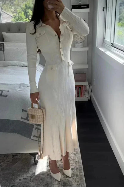 Women's Midi Dress Long Sleeves Button Front