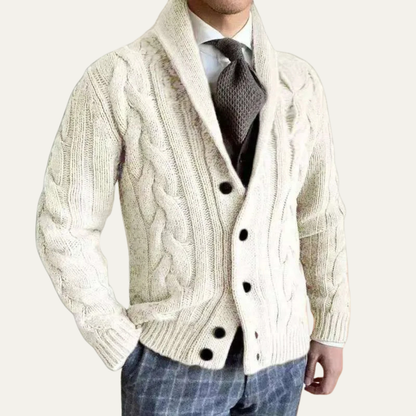 Men's Cable Knit Cardigan Shawl Collar Button Up Beige