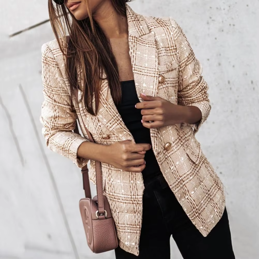 Women's Plaid Blazer Double-Breasted - VibreMode