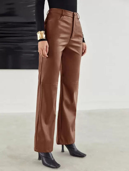 Women's High Waisted Faux Leather Wide Leg Pants - VibreMode