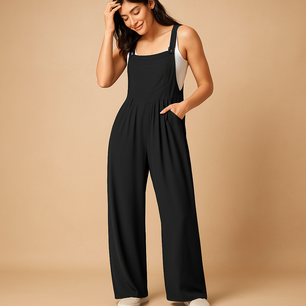Woman wearing a sleeveless ruched casual jumpsuit with a loose fit and functional pockets, ideal for everyday comfort and casual outings.