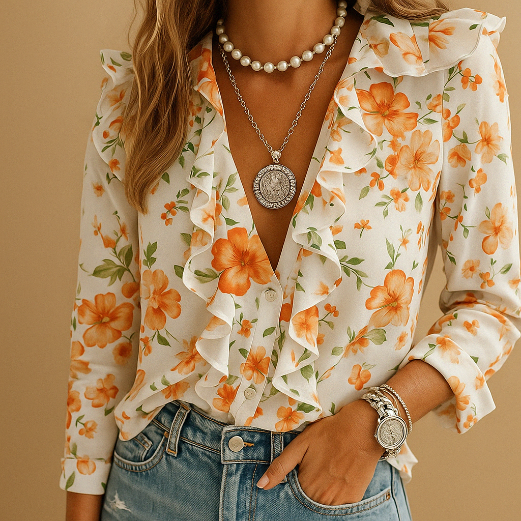 Women's Ruffle Blouse Butterfly Print - VibreMode