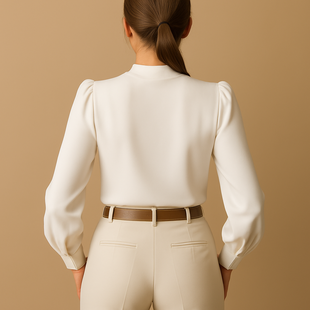 Women’s ruffle blouse with a stand collar and elegant details, designed for work outfits and stylish everyday wear.