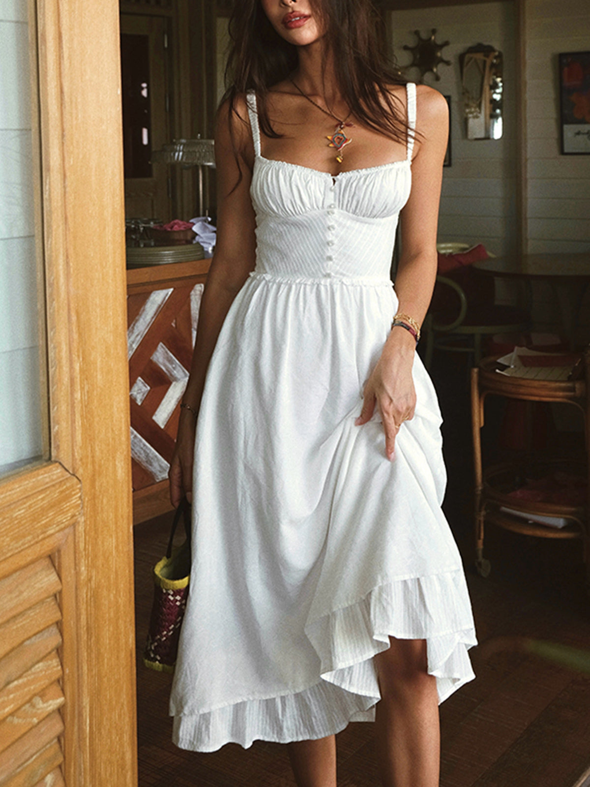 Women's Spaghetti Strap Midi Dress Ruffle Hem Button Front