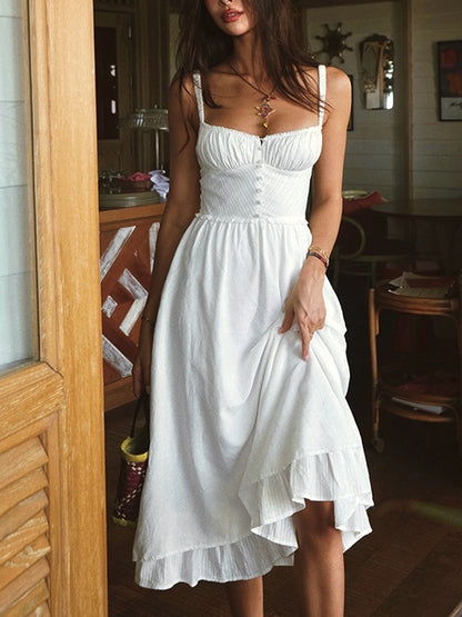 Women's Spaghetti Strap Midi Dress Ruffle Hem Button Front