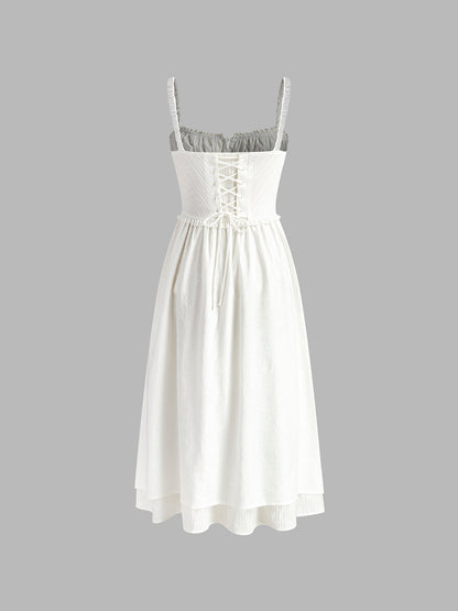 Women's Spaghetti Strap Midi Dress Ruffle Hem Button Front