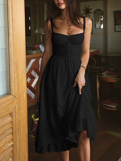 Women's Spaghetti Strap Midi Dress Ruffle Hem Button Front