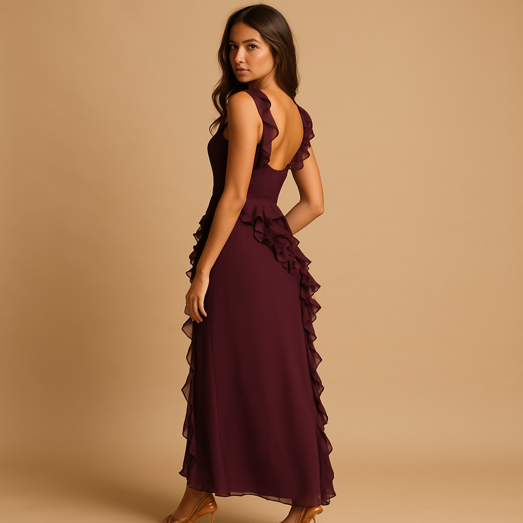 Women’s maxi dress with adjustable straps, asymmetrical ruffles and high slit, perfect for formal events, semi-formal occasions and summer evenings.