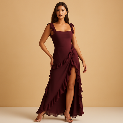 Women’s maxi dress with adjustable straps, asymmetrical ruffles and high slit, perfect for formal events, semi-formal occasions and summer evenings.
