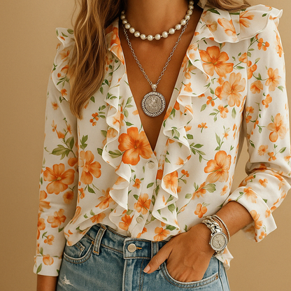Women's Ruffled Butterfly Print Blouse - VibreMode