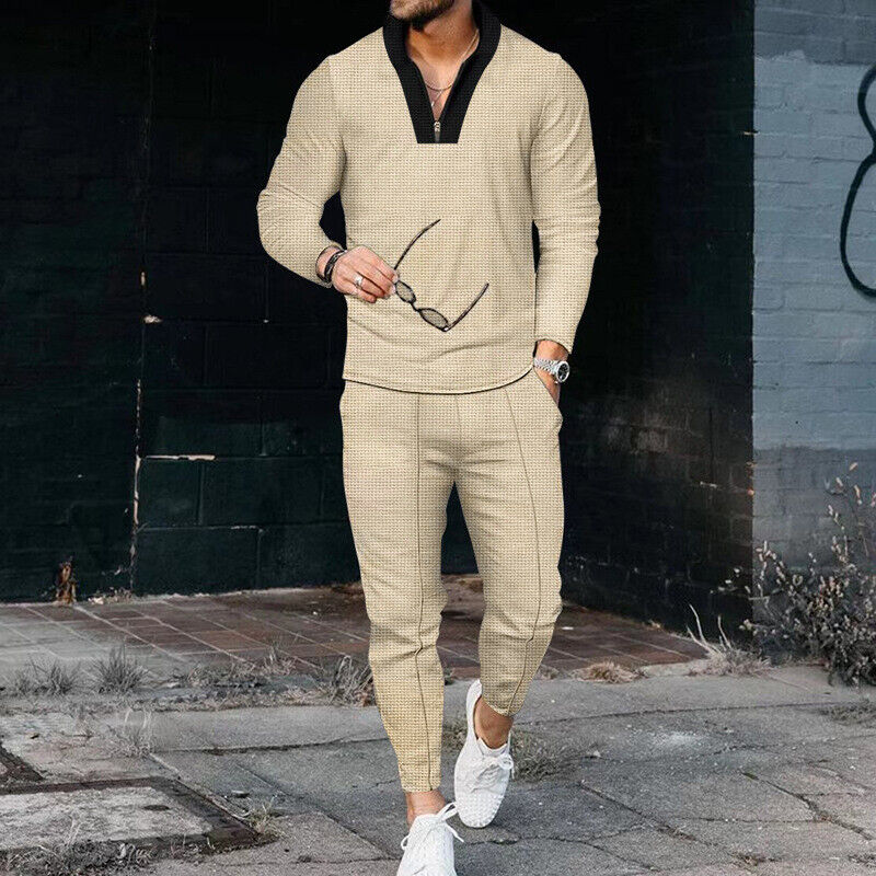 Men's Quarter-Zip Long Sleeve and Tapered Pants Textured Set - VibreMode