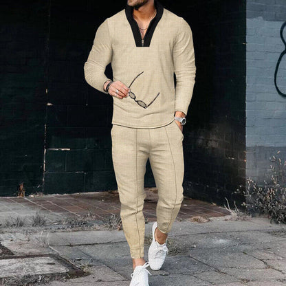 Men's Quarter-Zip Long Sleeve and Tapered Pants Textured Set - VibreMode