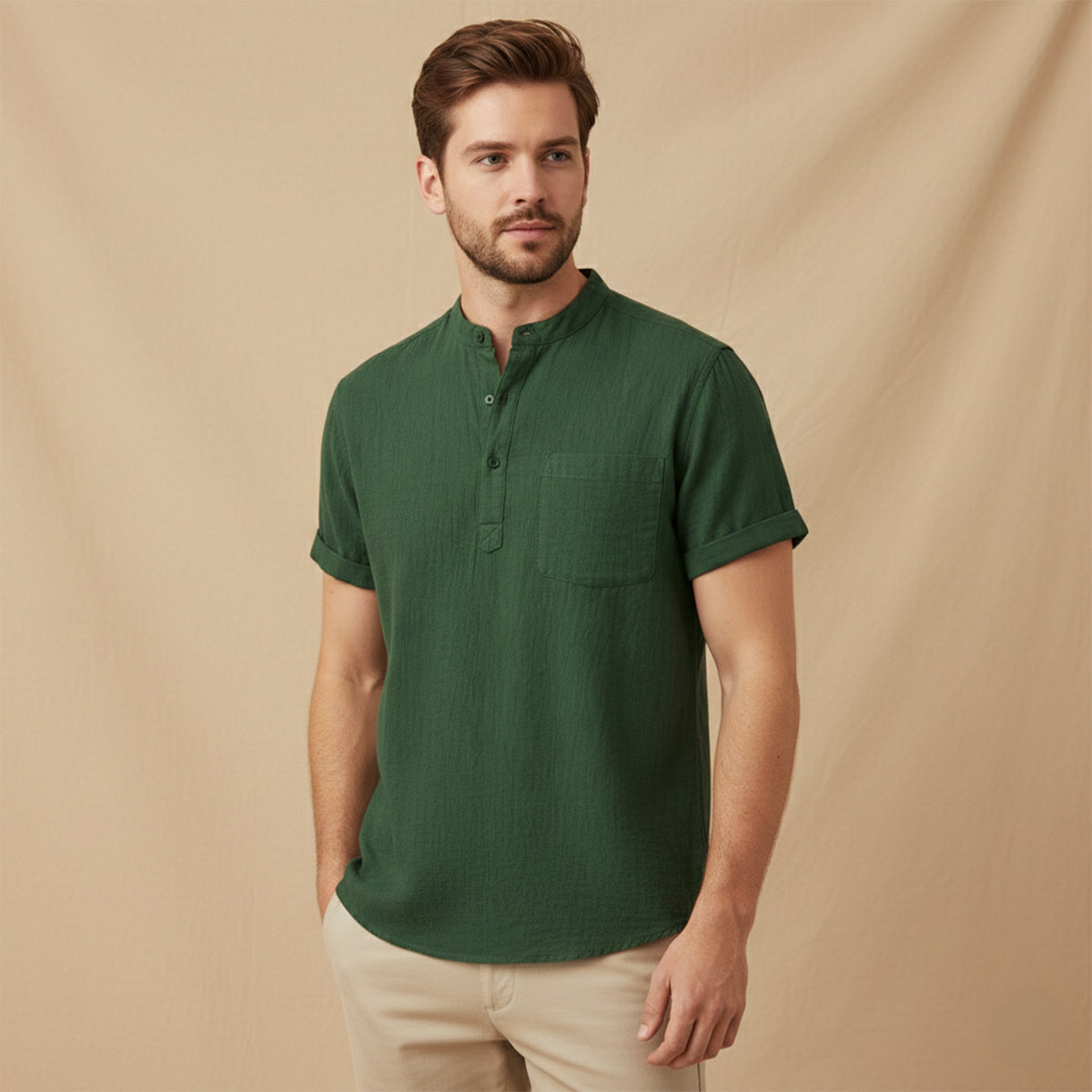 Men's Cotton Linen Henley Shirt Breathable