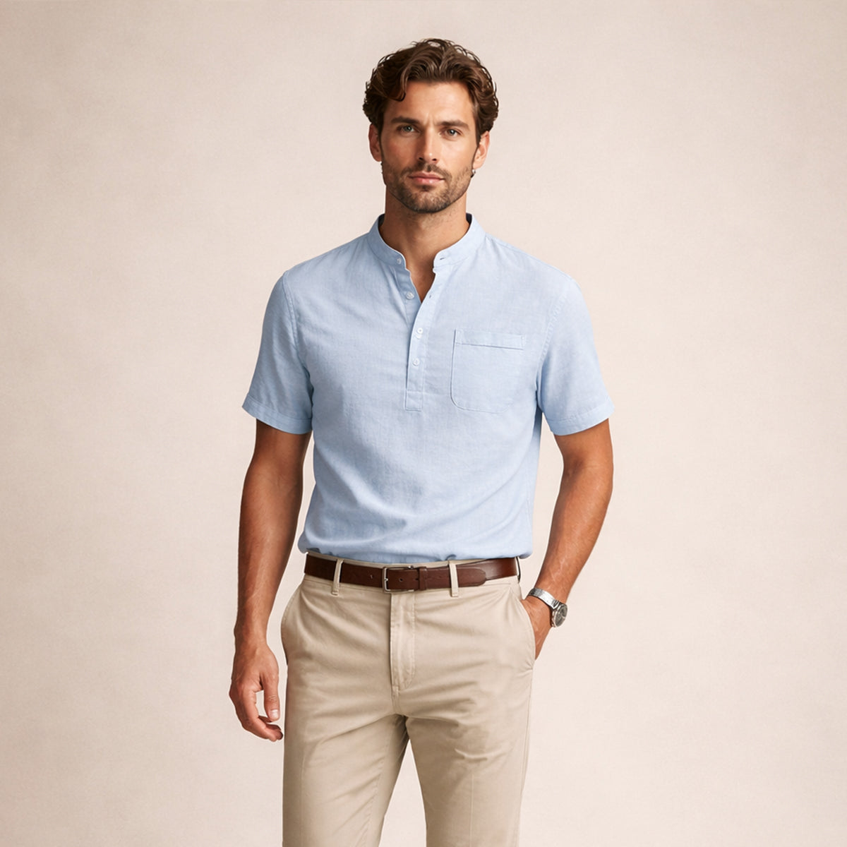 Men's Cotton Linen Henley Shirt Casual