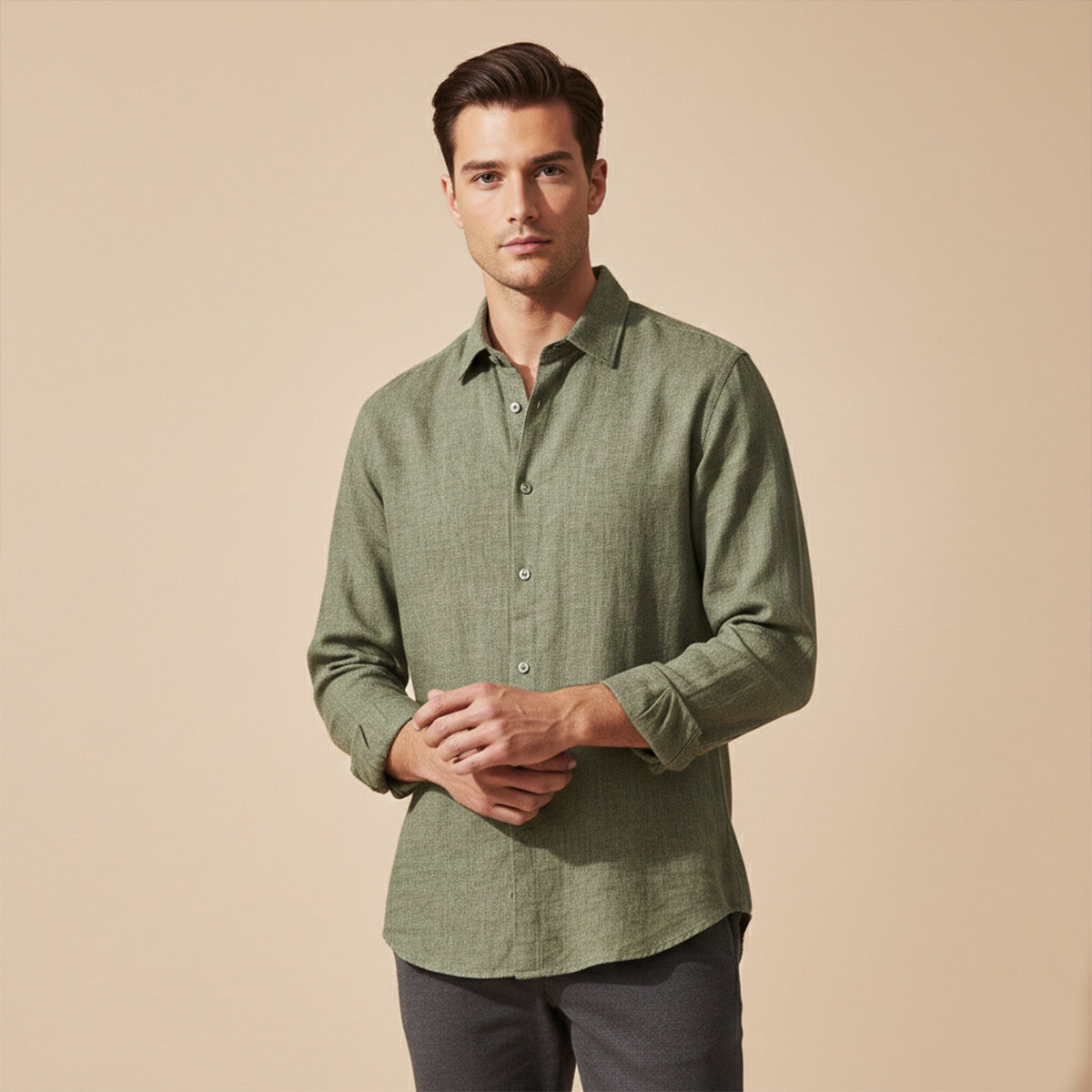 Men's Linen Button Up Shirt Loose Fit Beige