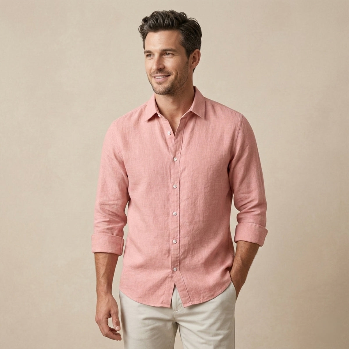 Men's Linen Casual Button Up Shirt Lightweight Beige