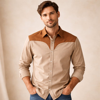 Men's Western Denim Shirt Two Tone Patchwork Retro Style