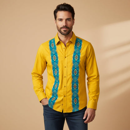 Men's Western Denim Shirt Two Tone Patchwork Blue