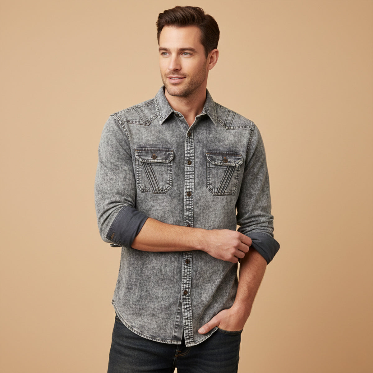 Men's Vintage Tie Dye Denim Shirt Light Grey