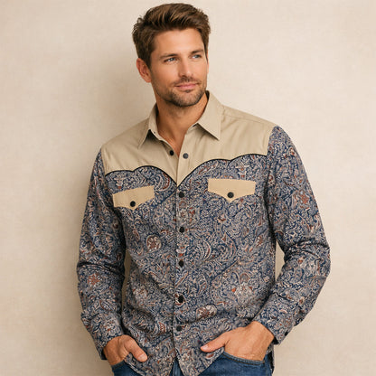 Men's Western Denim Shirt Two Tone Patchwork Soft Blue