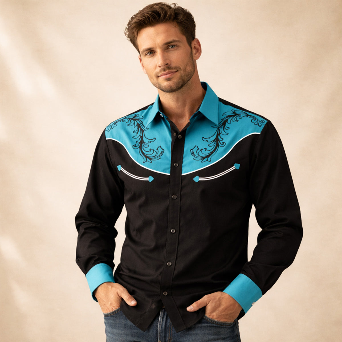 Men's Western Denim Shirt Two Tone Patchwork Lightweight Blue