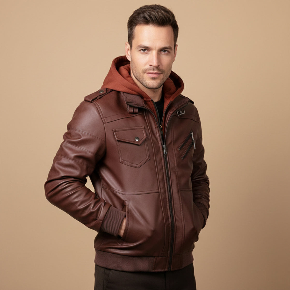 Men's Retro Leather Hooded Jacket With Pockets