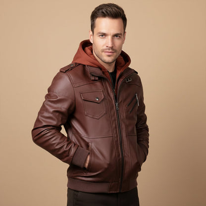 Men's Retro Leather Hooded Jacket With Pockets