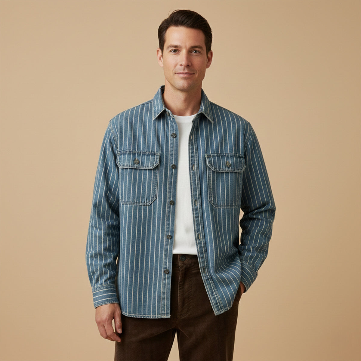 Men's Denim Shirt Jacket Vertical Stripe Blue
