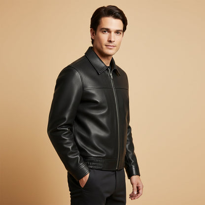 Men's Classic Leather Biker Jacket Zip Black