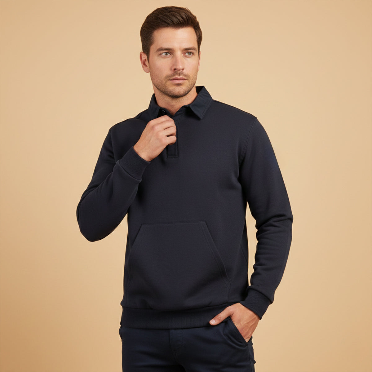Men's Polo Sweatshirt Cotton Front Pocket