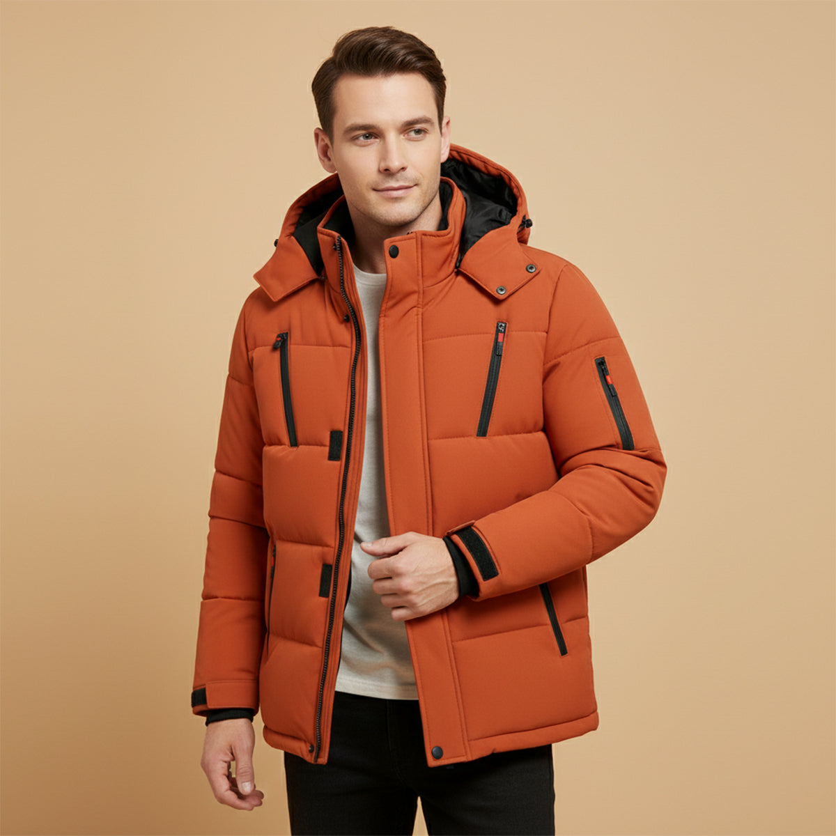 Men's Warm Puffer Coat Hooded Winter Zipper Pockets