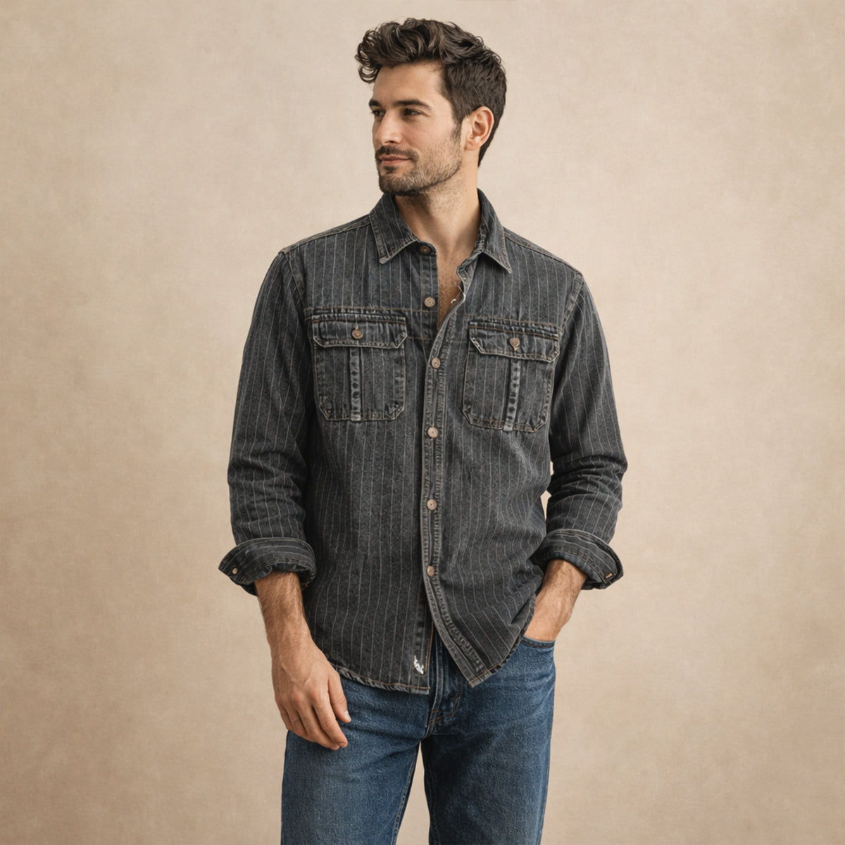 Men's Denim Shirt Jacket Striped Blue